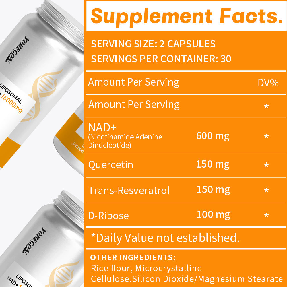 NAD Plus Supplement 18000mg Liposomal NAD+ Quercetin Trans-Resveratrol D-Ribose